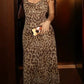 Vintage Leopard Print V Neck Backless Maxi Dress