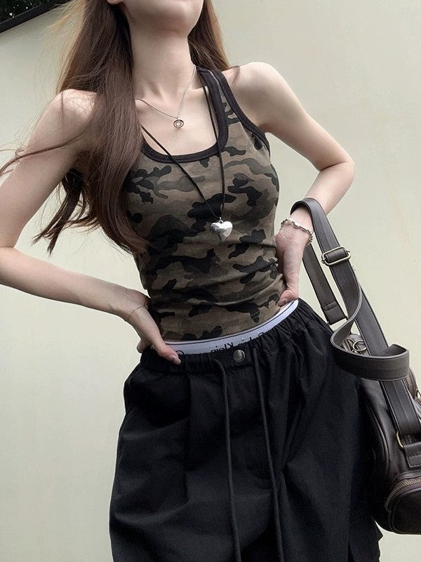 Vintage Camo Scoop Neck Crop Tank Top