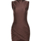 Coffee brown vintage turtleneck pleated wrap hip mini dress