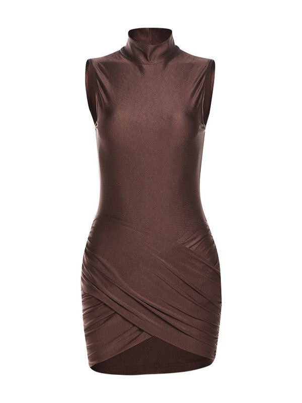 Coffee brown vintage turtleneck pleated wrap hip mini dress