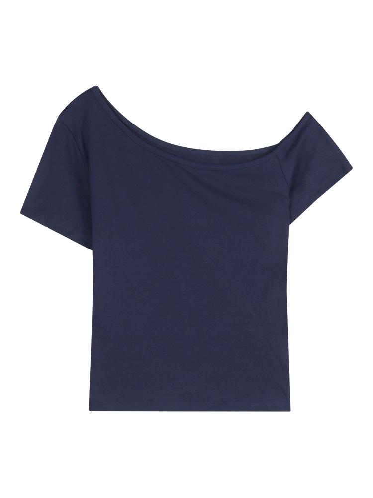 Navy Blue Irregular Shoulder Cut Out Short Sleeve Crop Top