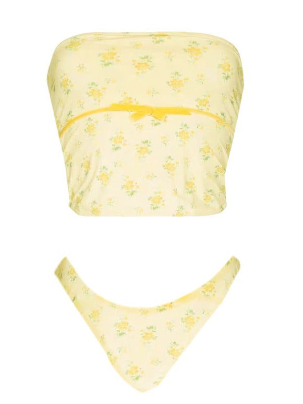 Yellow Cute Floral Swimsuit Two Piece Set