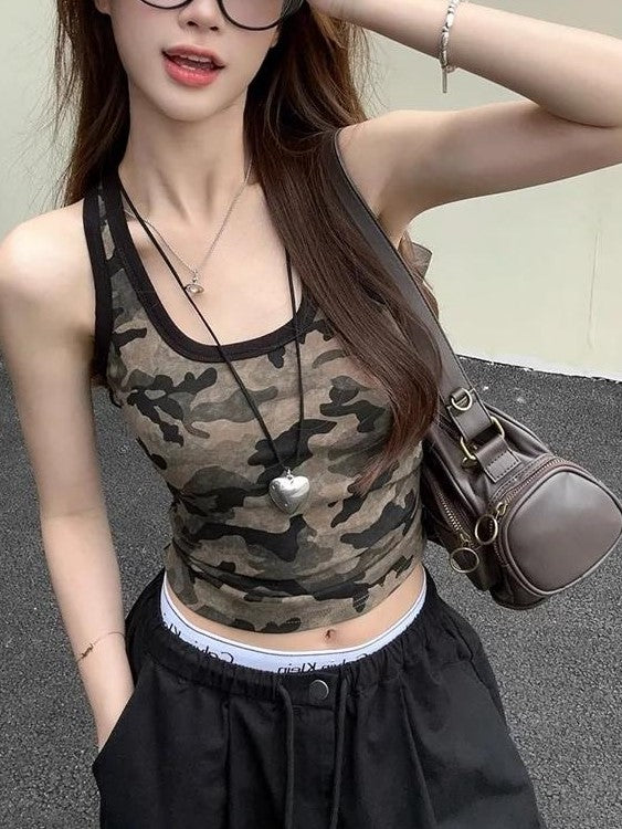 Vintage Camo Scoop Neck Crop Tank Top