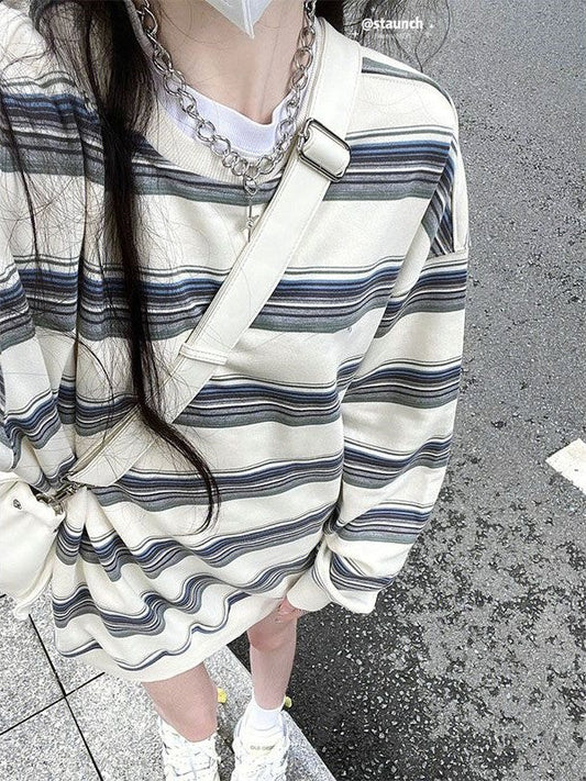 White Vintage Plus Size Stripe Long Sleeve Sweatshirt