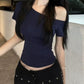 Navy Blue Irregular Shoulder Cut Out Short Sleeve Crop Top