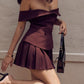 Burgundy Vintage Off Shoulder Button Top &amp; Mini Skirt Set