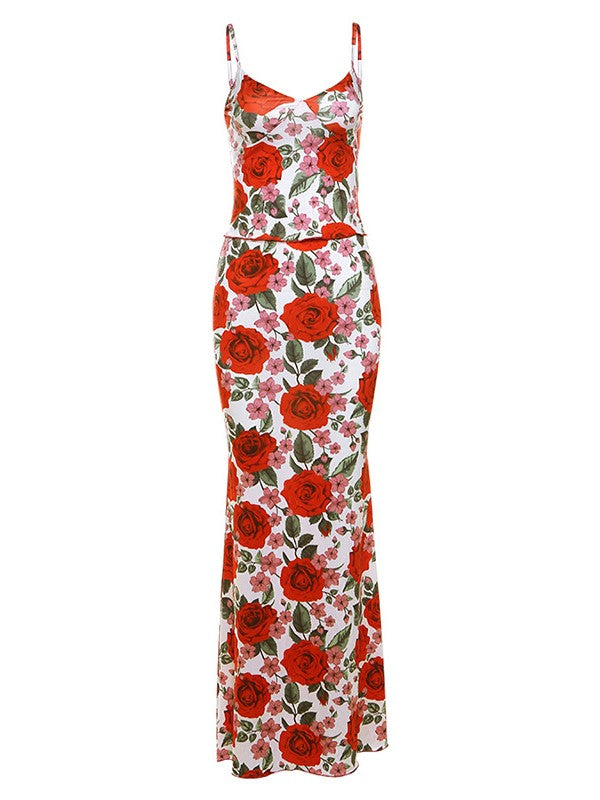 Red Vintage Floral Print V-Neck Cami Top &amp; Maxi Skirt Set 