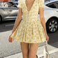 Yellow French Floral Deep V Neck Puff Sleeve Mini Dress