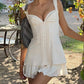 Beige V Neck Ruffle Slim Cami Skirt Set