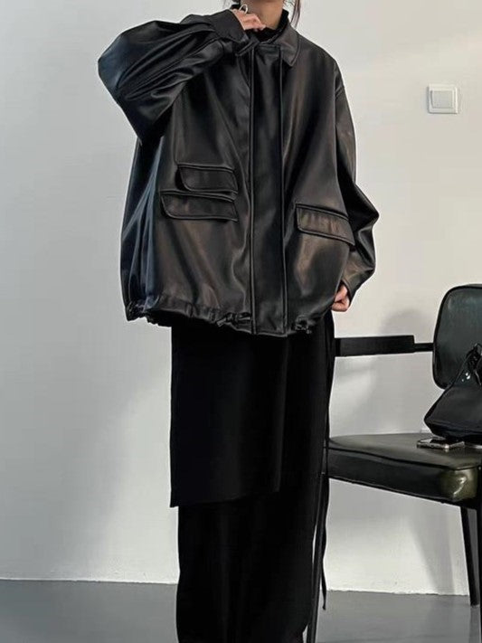 Retro Oversized Black Faux Leather Jacket with Zipper