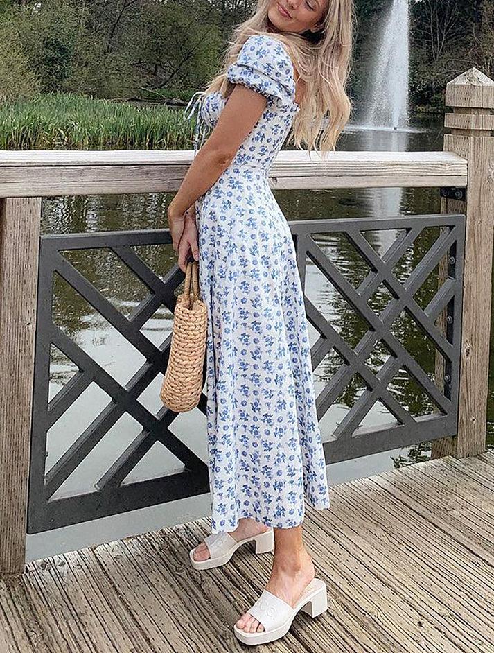 Blue vintage puff sleeve floral maxi dress