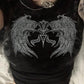 Black Grunge Rhinestone Crop Top with Wings Print