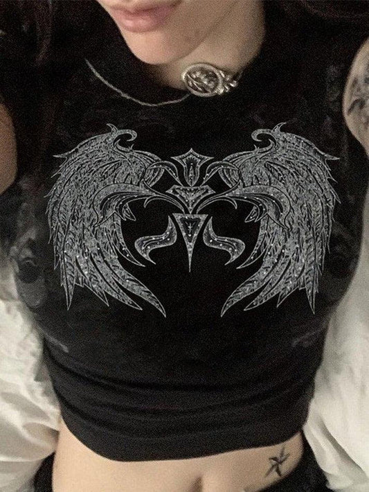 Black Grunge Rhinestone Crop Top with Wings Print