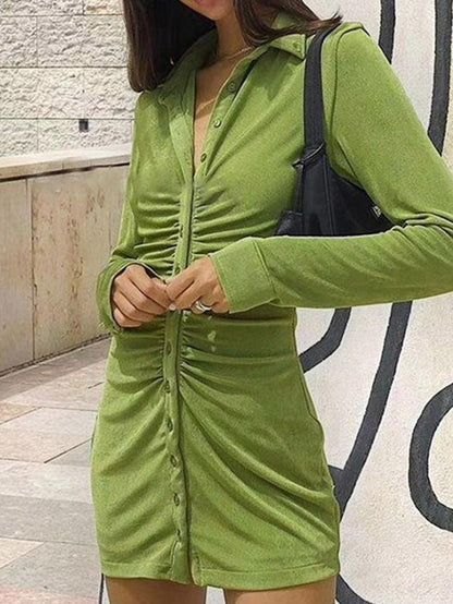 Green vintage velvet shirt dress with ruffles