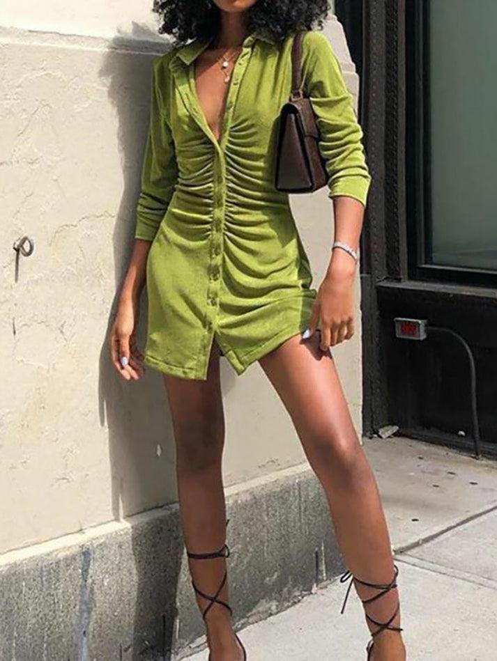 Green vintage velvet shirt dress with ruffles