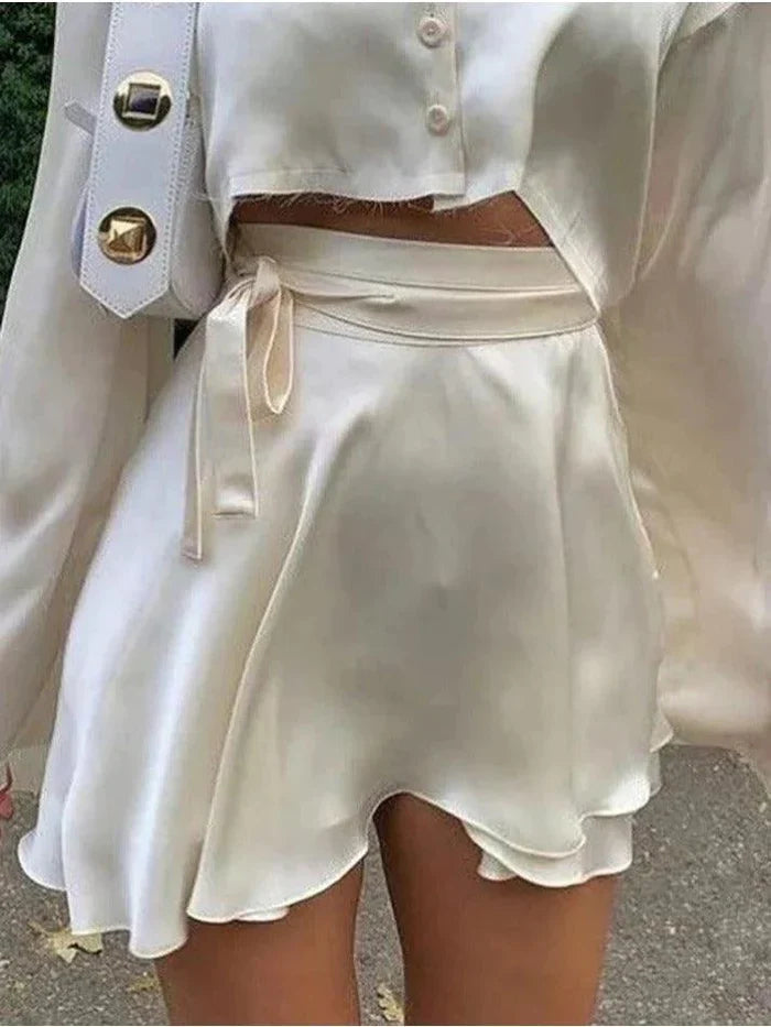 White vintage satin mini skirt with lacing