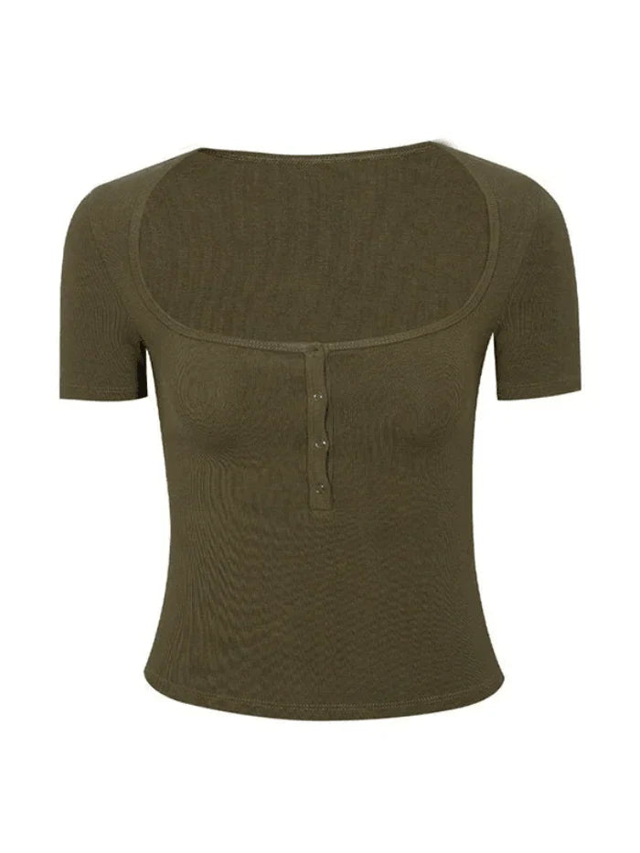 Plain crop top with short sleeves and button placket