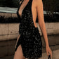 Black Vintage Party Split Sequin Mini Dress with Halter Neck