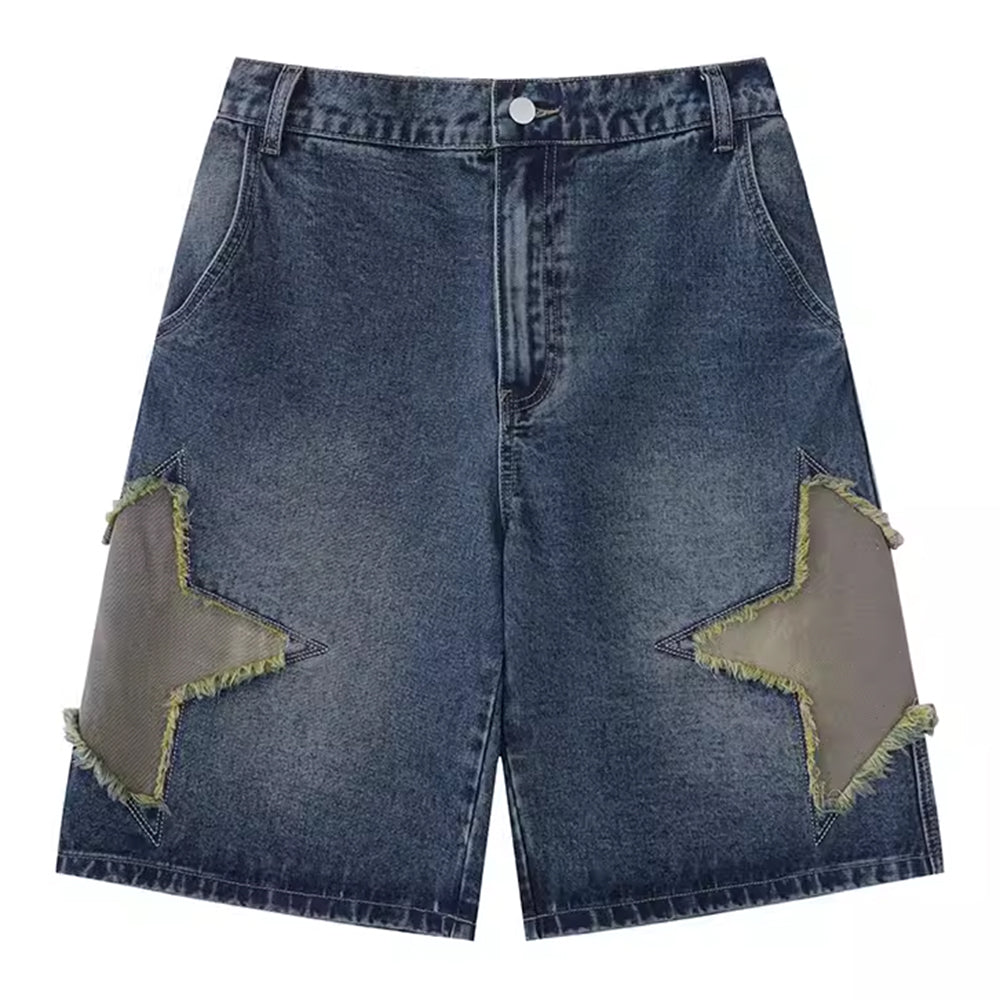 JY Hip Hop Star Patch Faded Effect Denim Shorts/Hip Hop Star Patches Washed Denim Shorts