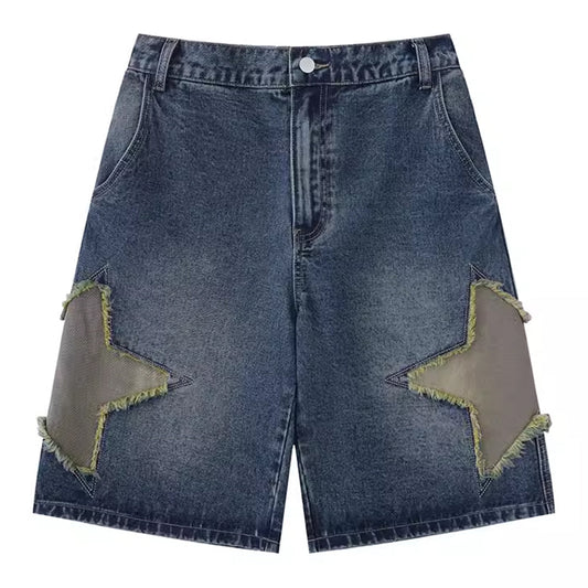 JY Hip Hop Star Patch Faded Effect Denim Shorts/Hip Hop Star Patches Washed Denim Shorts