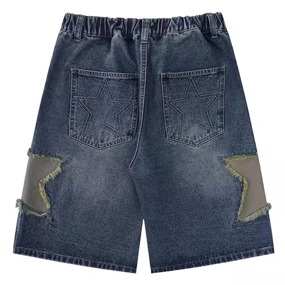 JY Hip Hop Star Patch Faded Effect Denim Shorts/Hip Hop Star Patches Washed Denim Shorts