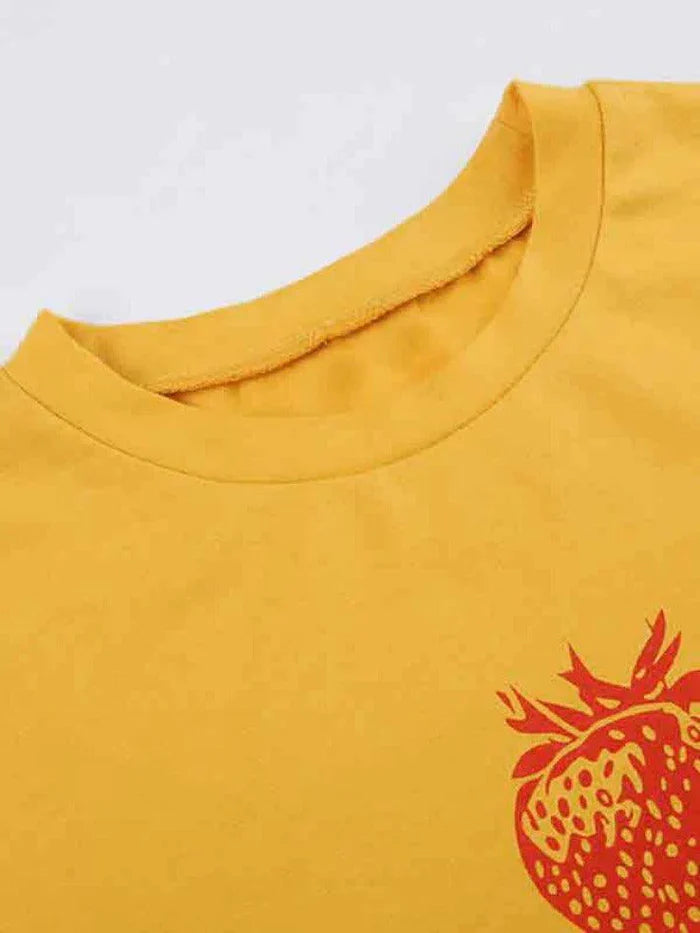 Yellow Y2K Strawberry Letter Print Crop T-Shirt with Short Sleeves