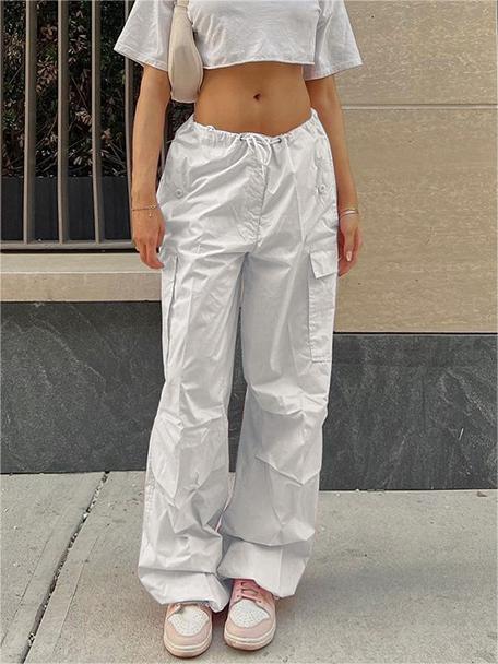 White Y2K Baggy Parachute Drawstring Cargo Pants