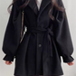 Coat with lapel collar, puff sleeves and belt