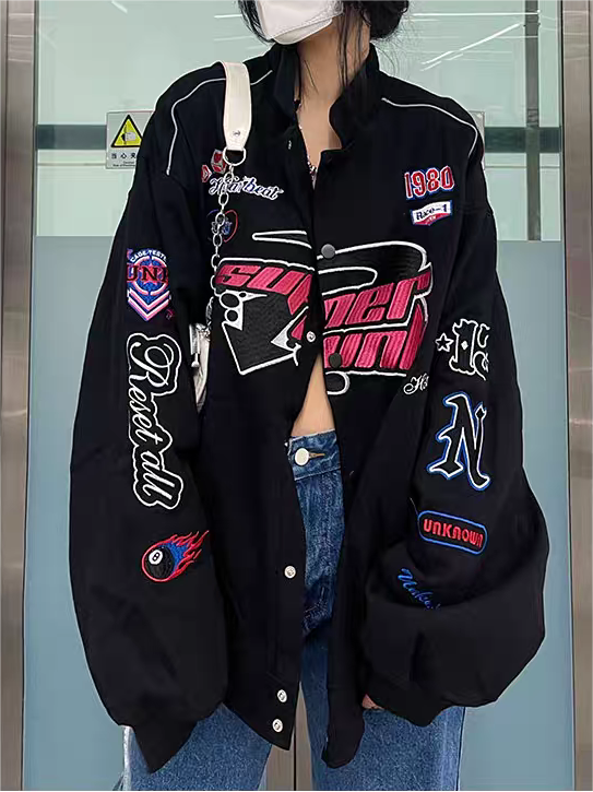 Black vintage motorcycle bomber jacket with embroidery