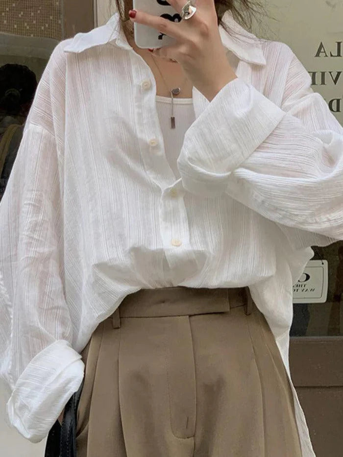 White Classic Versatile Textured Long Sleeve Blouse