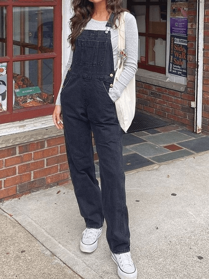 Black Vintage Washed Denim Overall with Straight Leg