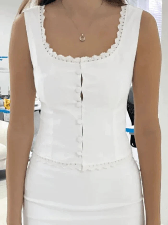 White vintage tank top with button placket and lace trim