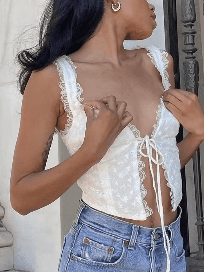 White Lace Crop Tank Top with Tie Front