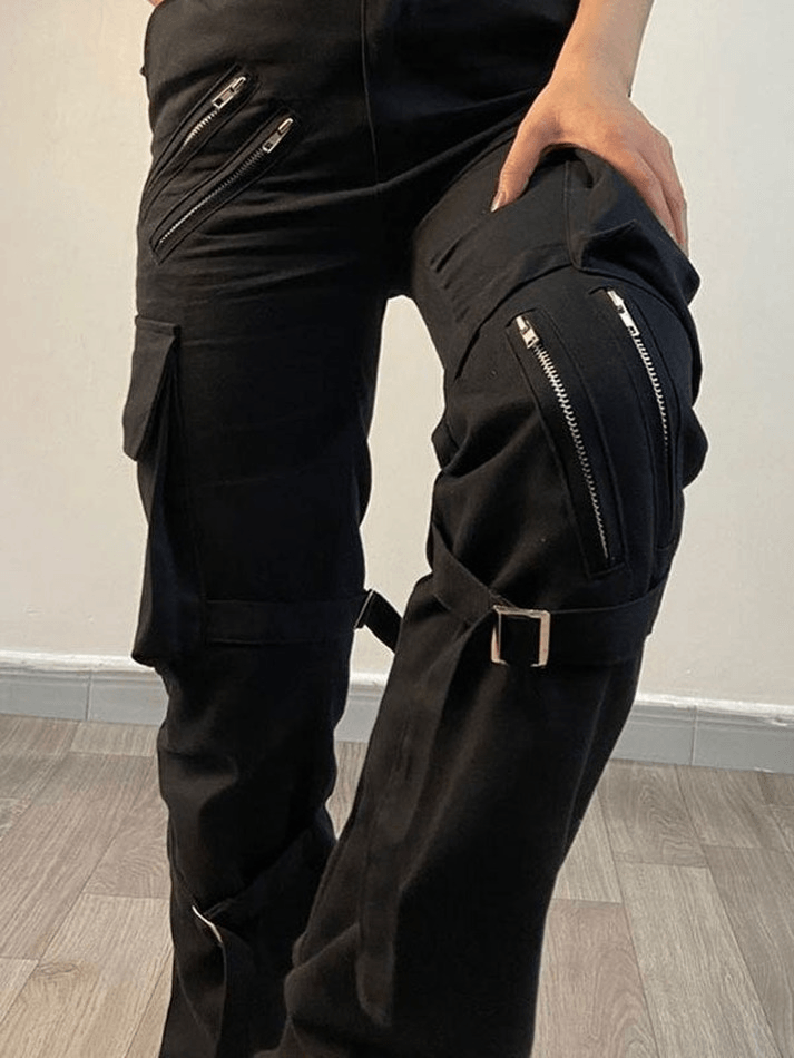 Black hip hop zip up cargo pants with strap details