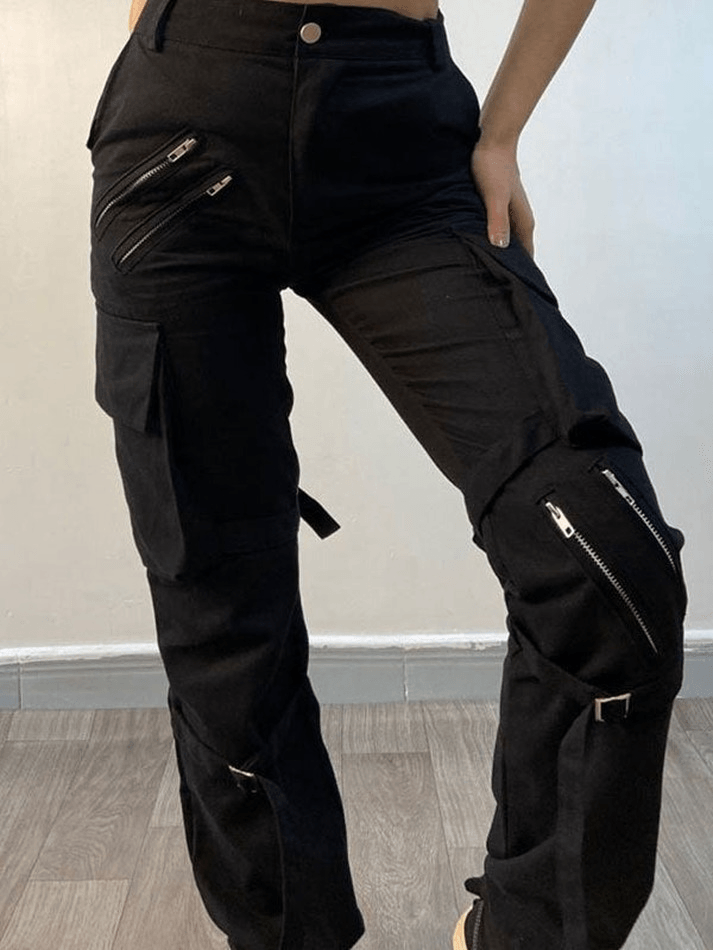 Black hip hop zip up cargo pants with strap details