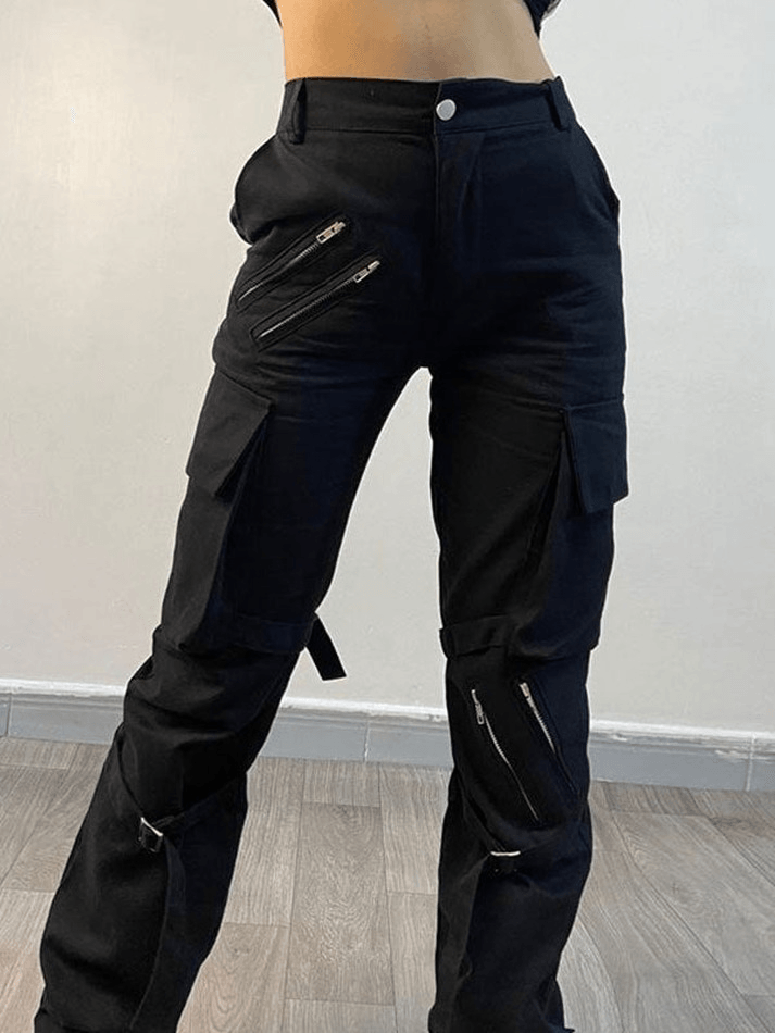 Black hip hop zip up cargo pants with strap details