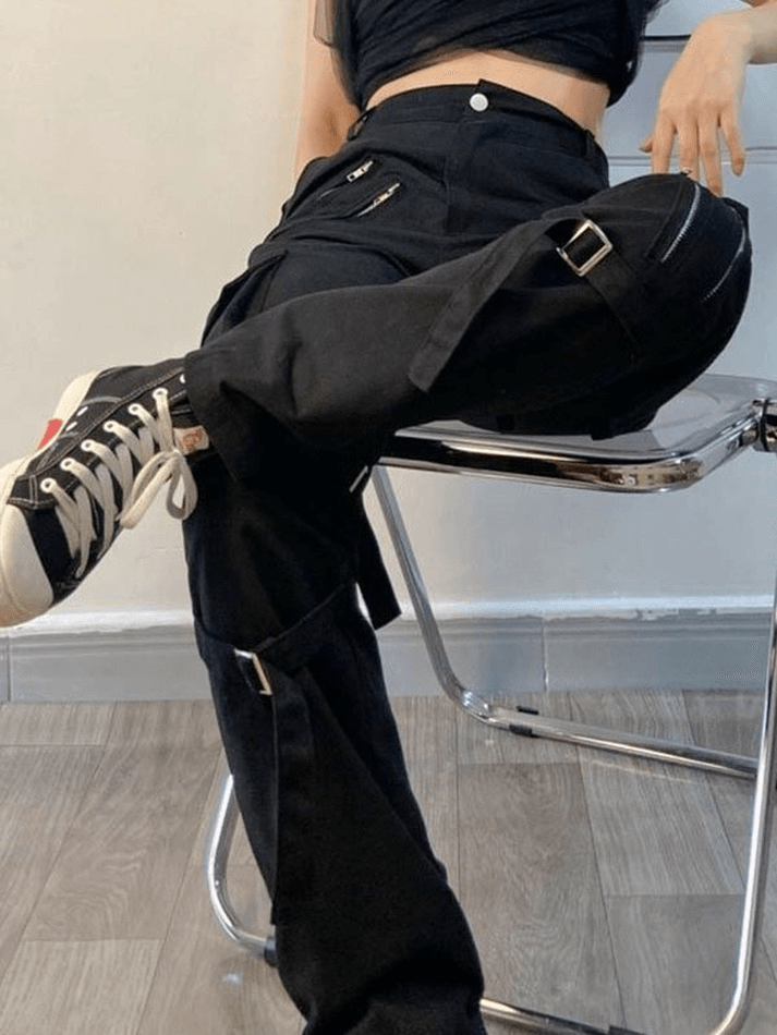 Black hip hop zip up cargo pants with strap details