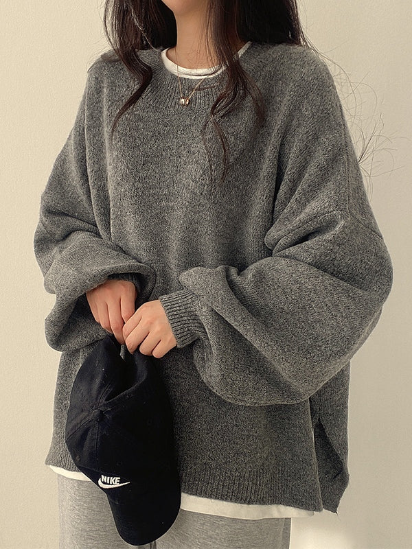 Vintage plain oversize sweater with slit hem