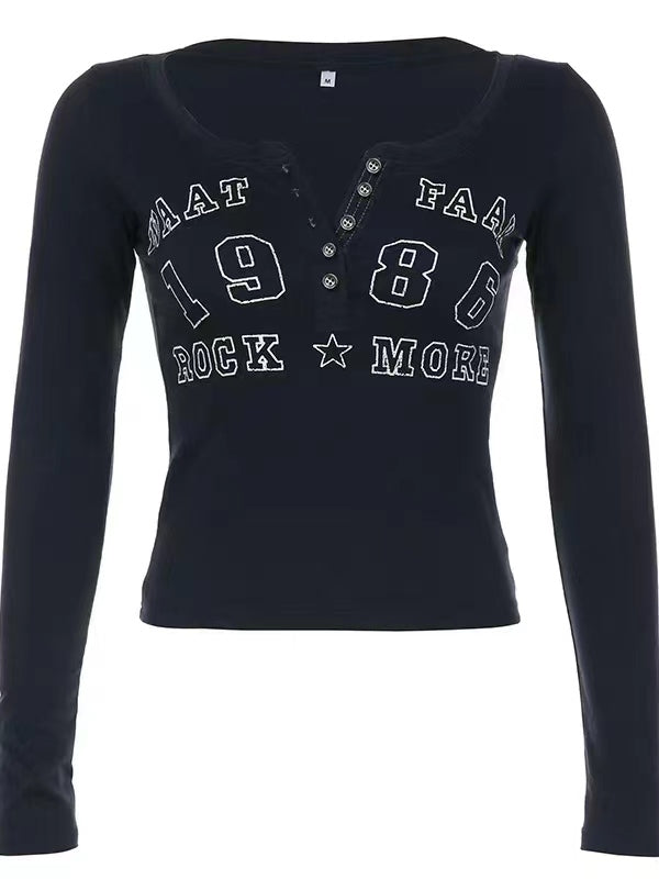 Vintage dark blue long sleeve top with letter logo