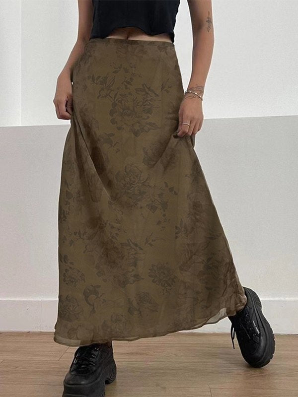 Brown vintage floral mesh maxi skirt