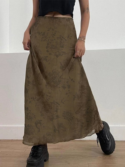 Brown vintage floral mesh maxi skirt