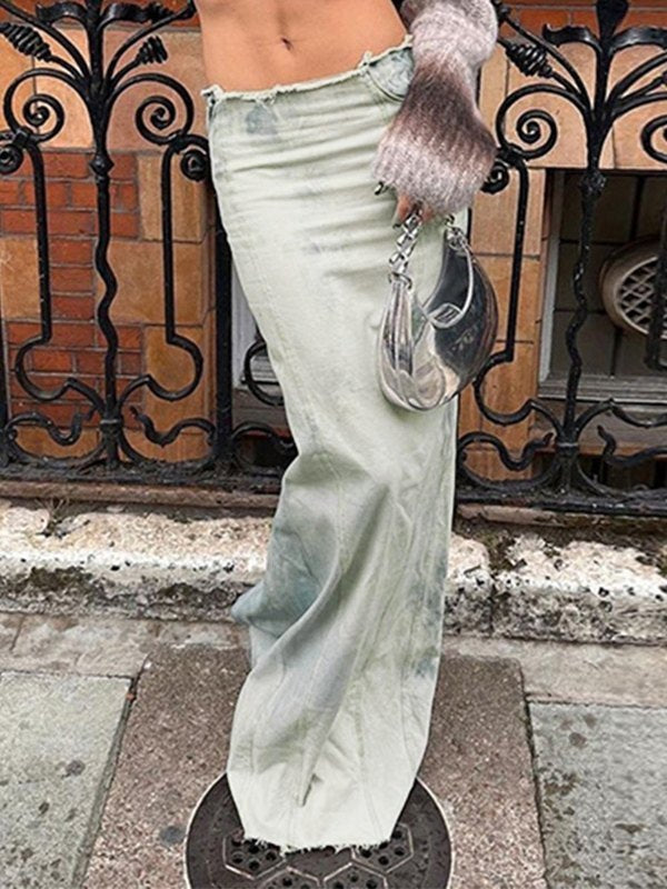 Faded long maxi denim skirt with back slit