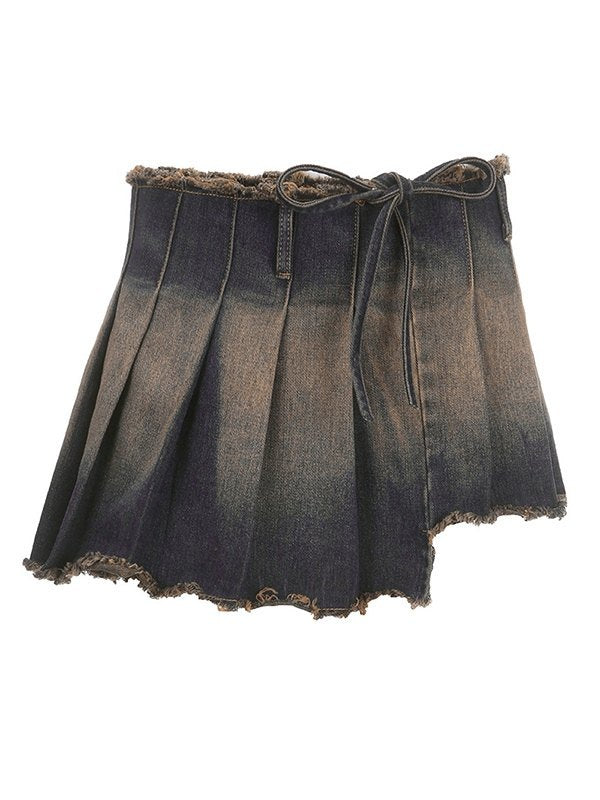 Irregularly pleated mini denim skirt