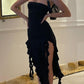 Black asymmetric bandeau maxi dress with ruffles