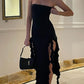 Black asymmetric bandeau maxi dress with ruffles