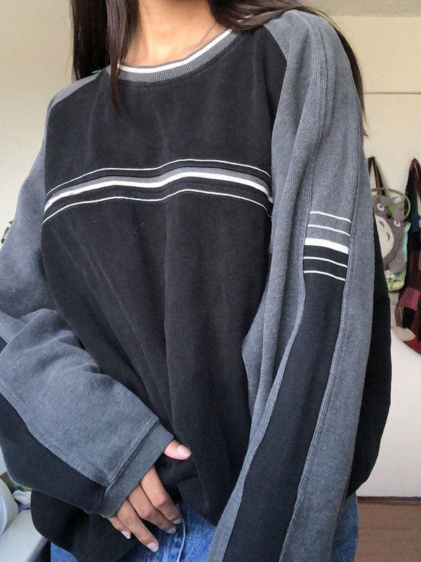 Striped crew sweatshirt with patchwork