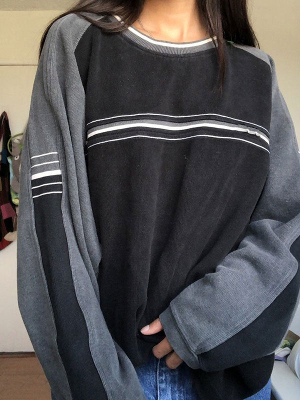 Striped crew sweatshirt with patchwork