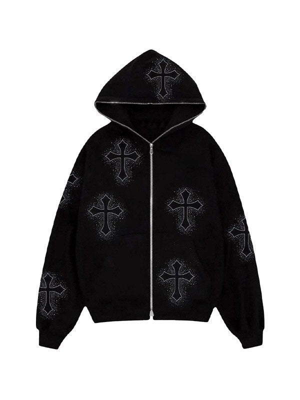 Zip up hoodie with rhinestone cross pattern