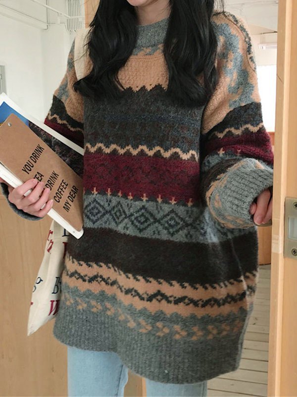 Vintage Oversize Jacquard Knit Jumper Sweater