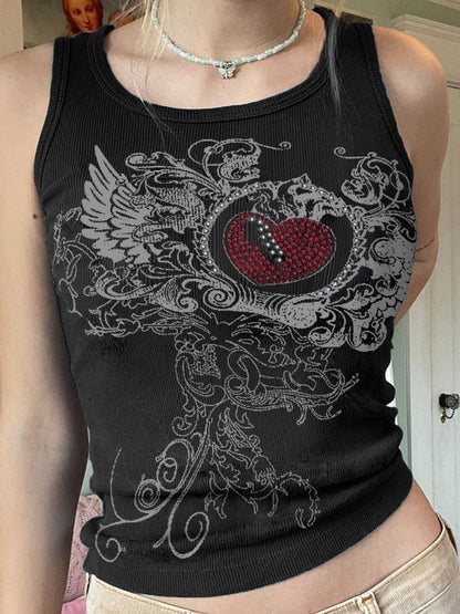 Rib crop tank top with heart rhinestone motif